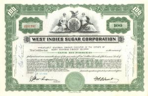 West Indies Sugar Corporation - 1940's-50's dated Sugar Refining Stock Certificate - Connections to the Dominican Republic