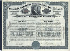 National Railways of Mexico - Ferrocarriles Nacionales De Mexico - 1907 dated Blue Less than 100 Shares Mexican Stock Certificate