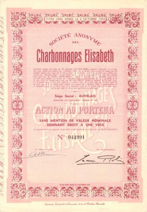 Societe Anonyme Des Charbonnages Elisabeth - Stock Certificate