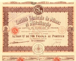 Societe Generale de Mines et Metallurgie - Stock Certificate