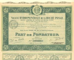 Societe Hydrominerale De La Roche-Posay - Stock Certificate