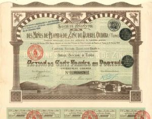 Societe Anonyme Des Mines De Plomb and De Zinc Du Djebel Oudiba - Stock Certificate