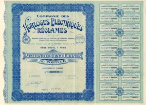 Compagnie Des Horloges Electriques Reclames - 1924 dated Electric Clocks Co. Stock Certificate