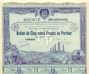 Societe Bearnaise Pour La Recherche Et L'Exploitation de la Potasse et du Petrole - Stock Certificate