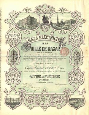 Gaz and Electricite de la Ville de Kazar - Stock Certificate