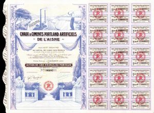 Chaux and Ciments Portland Artificiels De L'Aisne - Stock Certificate
