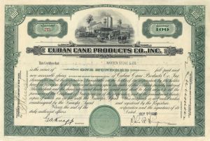 Cuban Cane Products Co. - 1930 dated Cuba Stock Certificate