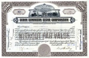 Cuban Dominican Sugar Corporation - 1927 dated Cuba Stock Certificate