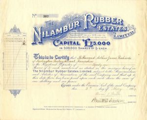 Nilambur Rubber Estates, Limited - Stock Certificate