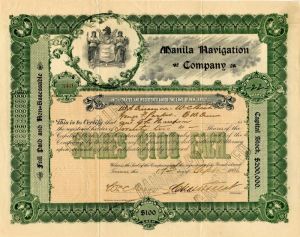 Manila Navigation Co. - 1906 dated Philippines Stock Certificate - Dissolved Mar. 4, 1907