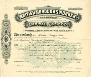 British Honduras Rubber Limited - Stock Certificate