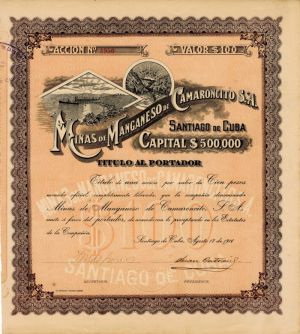 Minas De Manganeso De Camaroncito S.A. - 1916 dated Cuba Stock Certificate