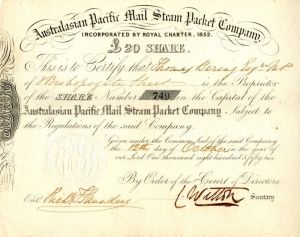 Australasian Pacific Mail Steam Packet Co. - Stock Certificate