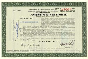 Jonsmith Mines Limited - Stock Certificate