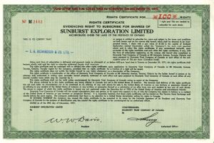Sunburst Exploration Limited - Stock Certificate