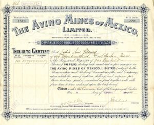 Avino Mines of Mexico, Limited - Stock Certificate