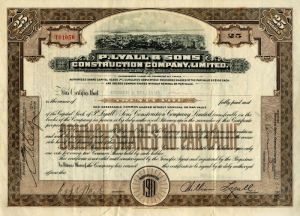 P. Lyall & Sons Construction Co., Limited - Canadian Stock Certificate