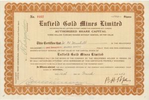 Enfield Gold Mines Limited - Stock Certificate