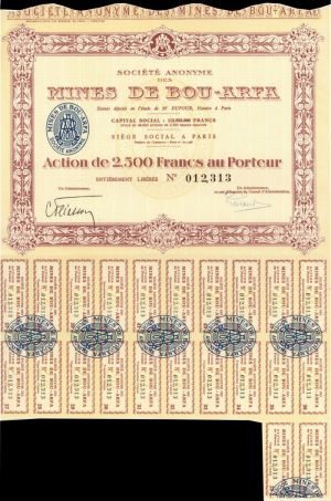 Societe Anonyme des Mines De Bou-Arfa - Stock Certificate