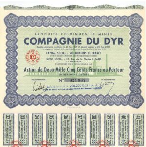 Produits Chimiques Et Mines Compagnie Du Dyr - Stock Certificate