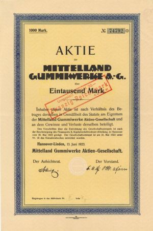 Mittelland Gummiwerke A.-G. - Stock Certificate