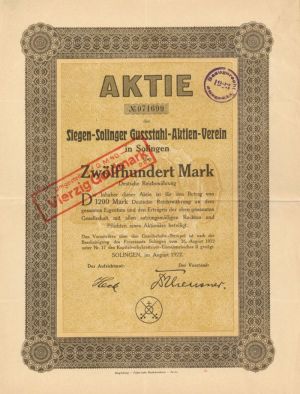 Siegen-Solinger Gussstahl-Aktien-Verein - Stock Certificate