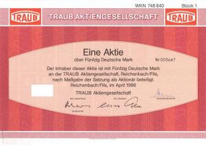 Traub Aktiengesellschaft - dated 1986 German Stock Certificate - Action or Aktie or Aktien or Stück
