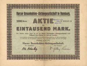 Harzer Braunkohlen- Aktiengesellschaft in Hamburg- Stock Certificate