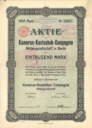 Kamerun-Kautschuk-Compagnie Aktiengesellschaft in Berlin - Stock Certificate