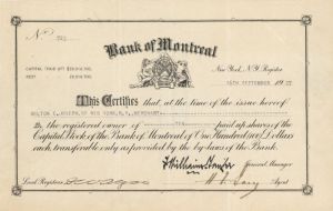 Bank of Montreal - Canadian Banking Stock Certificate