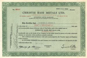 Christie Base Metals Ltd. - 1952 or 1953 dated Canadian Stock Certificate