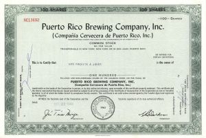 Puerto Rico Brewing Co., Inc. - 1969 dated Brewery Stock Certificate