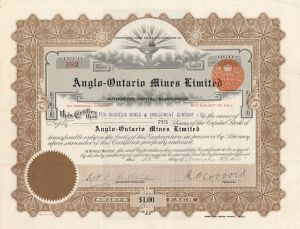 Anglo-Ontario Mines Limited - Foreign Stock Certificate