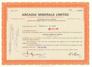 Arcadia Minerals Limited - Foreign Stock Certificate