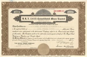 B.R.X. (1935) Consolidated Mines Limited - Foreign Stock Certificate