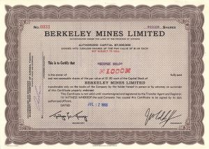 Berkeley Mines Limited - Foreign Stock Certificate