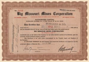 Big Missouri Mines Corporation - Foreign Stock Certificate