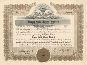 Bilmar Gold Mines, Limited - Foreign Stock Certificate