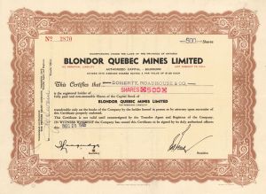 Blondor Quebec Mines Limited - Foreign Stock Certificate