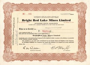 Bright Red Lake Mines Limited - Foreign Stock Certificate