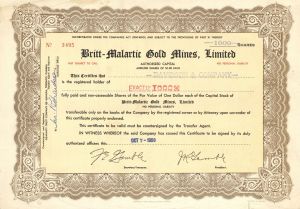 Britt-Malartic Gold Mines, Limited - Foreign Stock Certificate