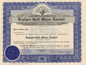 Brydges Gold Mines, Limited - Foreign Stock Certificate