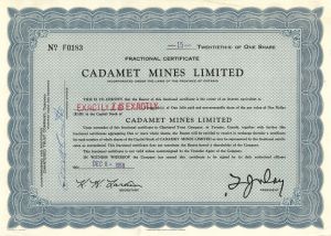 Cadamet Mines Limited - Foreign Stock Certificate