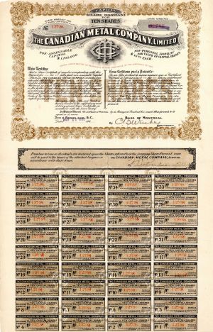 Canadian Metal Company, Limited - 1906 dated Canadian Stock Certificate