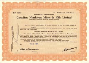 Canadian Northwest Mines and Oils Limited - Foreign Stock Certificate