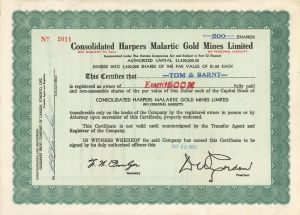 Consolidated Harpers Malartic Gold Mines Limited - Foreign Stock Certificate