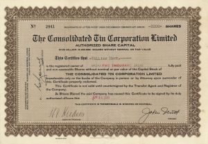 Consolidated Tin Corporation Limited - Foreign Stock Certificate