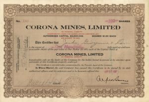 Corona Mines, Limited - Foreign Stock Certificate