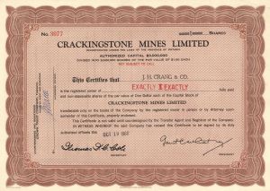 Crackingstone Mines Limited - Foreign Stock Certificate