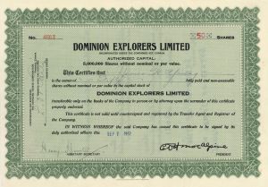 Dominion Explorers Limited - Foreign Stock Certificate